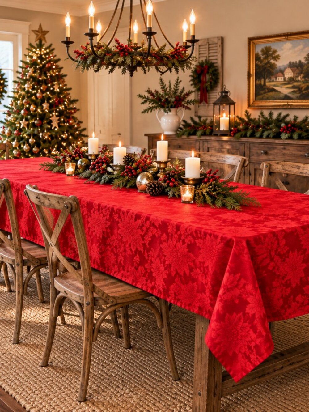Red Christmas Damask Tablecloth Floral Poinsettia Holiday 56” x 86